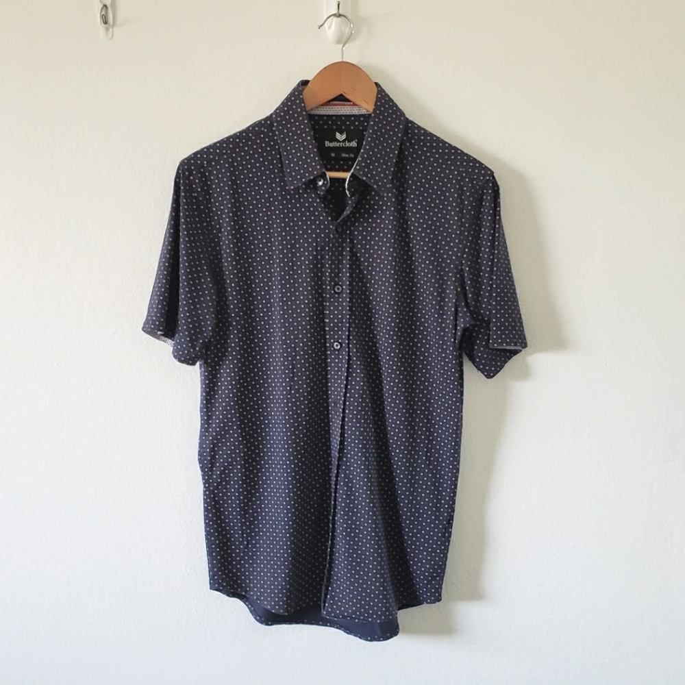 Buttercloth navy pattern shirt sleeve dress shirt button up